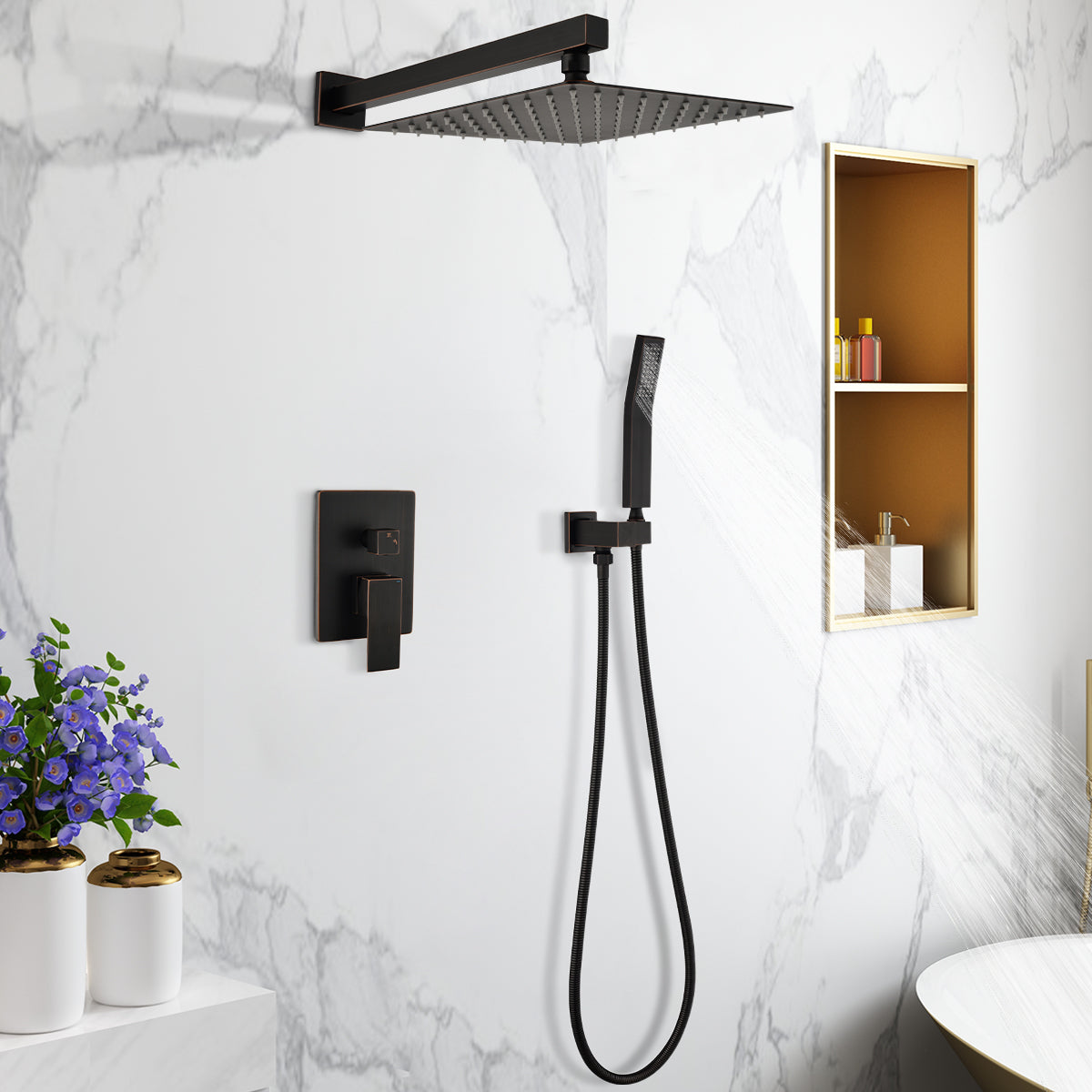 Wall mounted shower system with rain shower head and hand shower